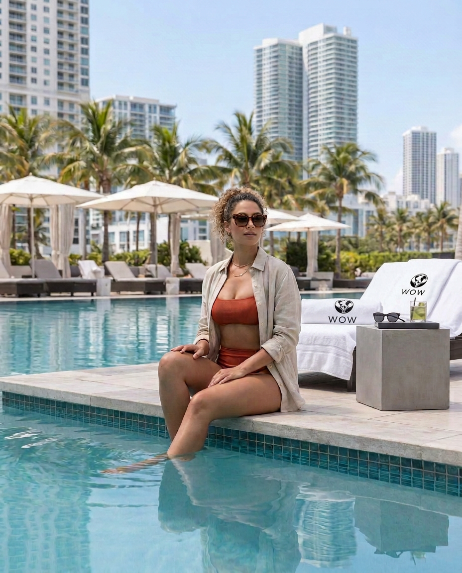 Model in a terracotta two-piece and linen shirt sitting on the pool edge, Miami skyline behind