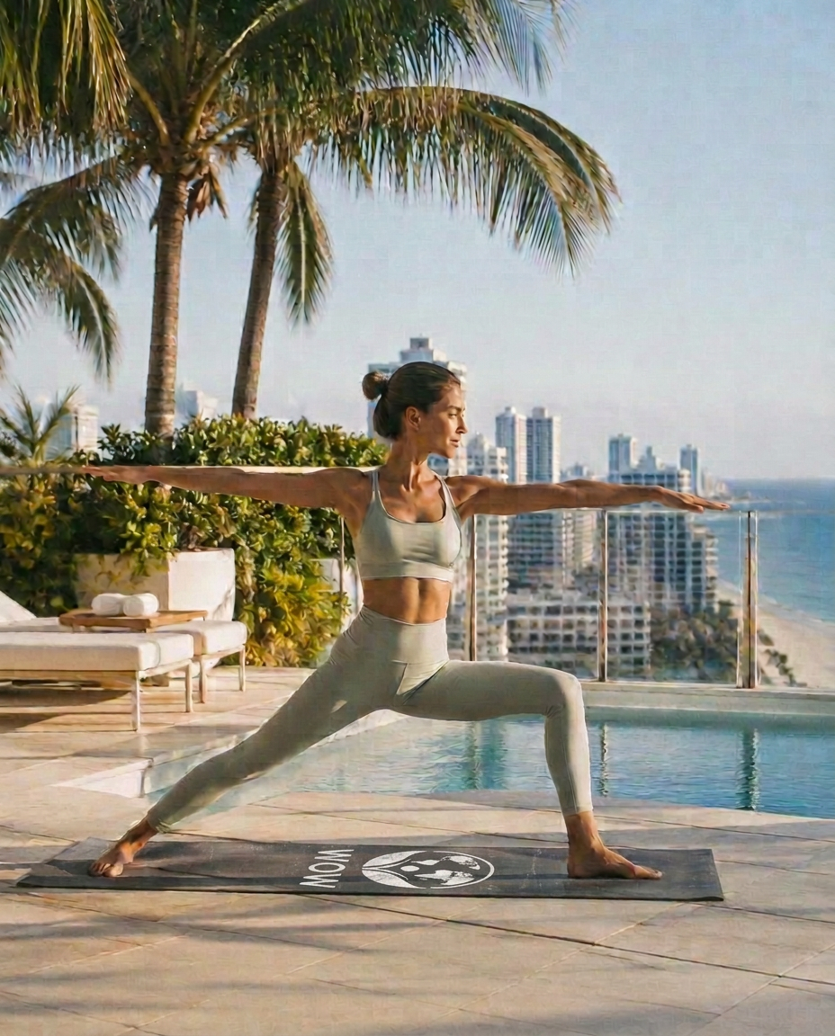 Woman holding a warrior pose on a rooftop pool deck above Miami Beach